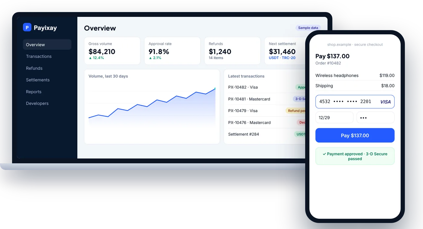 Payixay merchant dashboard on a laptop and a secure card checkout on a phone